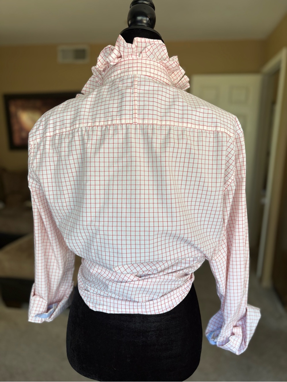Reworked Men’s White Button-Front Tie Blouse with Red Windowpane Check - Picture 8 of 10